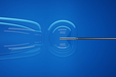Injection of stem cell into a transparent embryo by a silver sharp needle in blue background. Illustration of the concept of targeted embryonic stem (ES) cell microinjection clipart