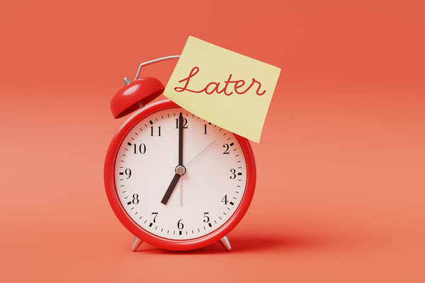 Желтая липкая записка со словом "Позже" застряла на будильнике на красном фоне. Иллюстрация концепции прокрастинации, бездействия, задержки и уклонения