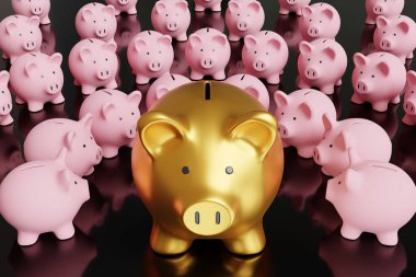 Büyük altın domuz kumbarası. Yansıtıcı siyah yüzeyde küçük pembe para kutularıyla çevrili. Para, finans, yatırım ve bankacılık kavramının yansıması