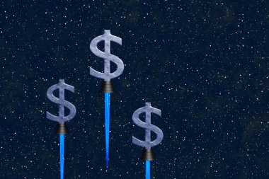 Silver USD dollar signs with a black throttle ejecting blue flame in starry sky. Illustration of the concept of skyrocketing stock prices, inflation and corporate income streams clipart