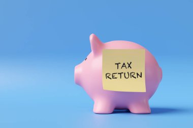 Yellow sticky note having the words TAX RETURN sticking on a pink piggy bank in blue background. Illustration of the concept of self assessment tax return deadlines clipart