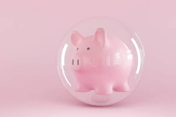 Pink piggy bank in a transparent bubble in pink background. Illustration of the concept of asset protection, diversified investment and social security