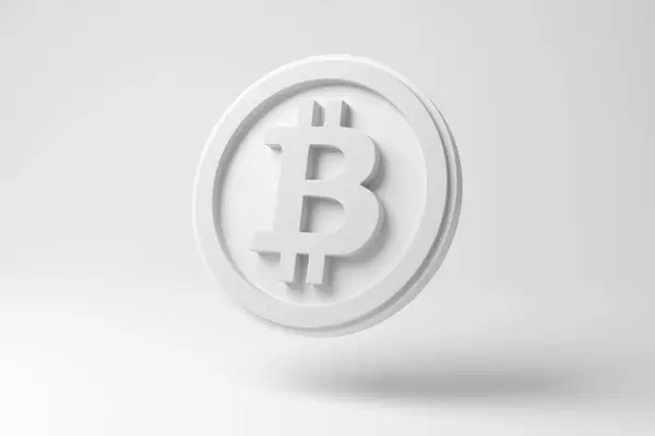 Bitcoin ขาวลอยอย ในกลางอากาศบนพ นหล ขาวในส ยวและเร ยบง วอย างของแนวค ดของสก — ภาพถ่ายสต็อก