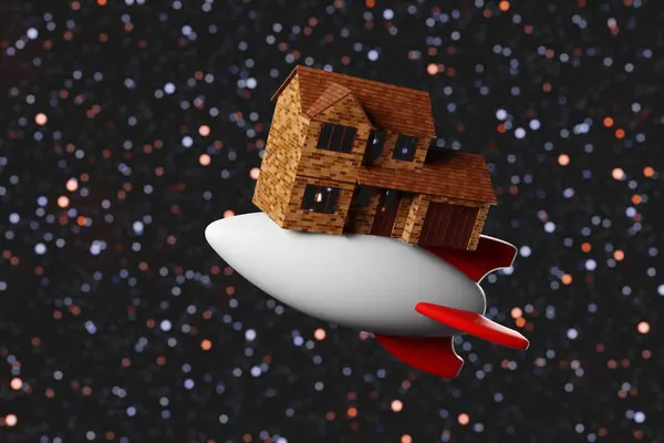 Detached House Toy Rocket Starry Outer Space Illustration Concept Rapidly — Stock Photo, Image