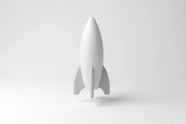 White Rocket Spaceship Floating Mid Air White Background Monochrome Minimalism — Stock Photo, Image