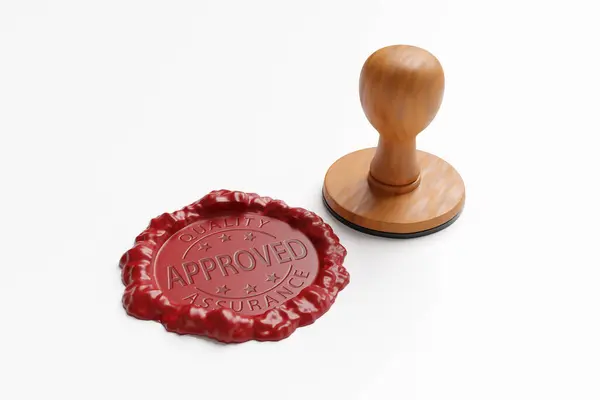 木製のスタンプの横に置かれた を示す赤ワックススタンプマーク 品質管理のコンセプトと最高の製品基準のイラスト — ストック写真