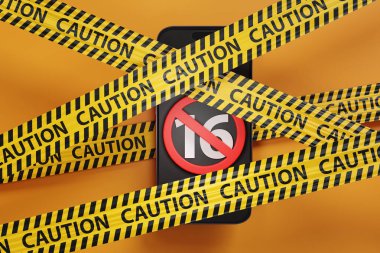 Cep telefonunda 16 numara ve sarı arka planda bariyer bantları arasında sıkışmış kırmızı bir işaret var. İngilizlerin akıllı telefonların 16 yaşından küçüklere satılmasını yasaklama düşüncesinin resmi