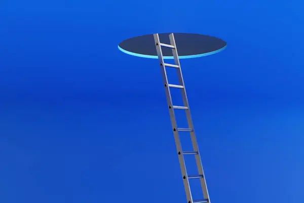 Лестница Нержавеющей Стали Поднимается Большой Дыры Голубом Потолке Иллюстрация Концепции — стоковое фото