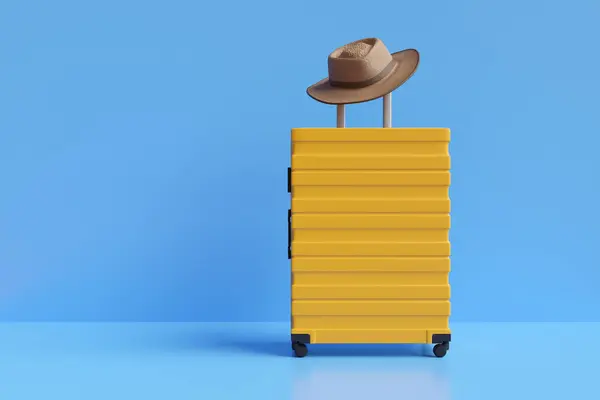 ブラウンは反射ブルーの背景にある黄色い荷物に帽子をかぶった 観光地 休暇のコンセプトのイラスト — ストック写真