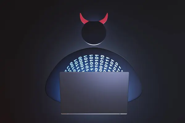暗い背景で体に二進法を投影する銀製のラップトップの前に悪魔の黒いシルエット コンピュータ犯罪 ハッカー フィッシング オンライン詐欺の概念のイラスト — ストック写真