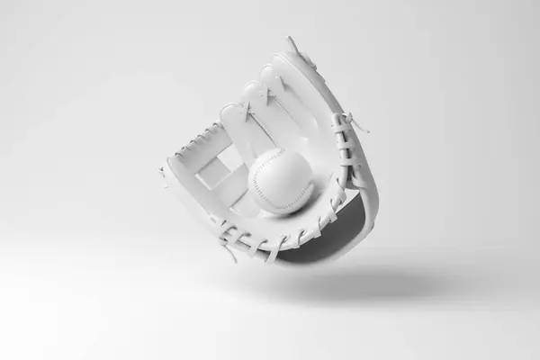 Witte Lederen Sporthandschoen Met Een Honkbal Drijvend Lucht Monochroom Minimalisme — Stockfoto