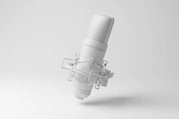 モノクロとミニマリズムの中空に浮かぶホワイトスタジオコンデンサーマイクロフォン 音楽制作 ボーカルのためのレコーディングスタジオのコンセプトのイラスト — ストック写真