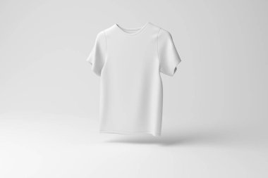 Beyaz tişört havada süzülüyor beyaz arka planda monokrom ve minimalizm. Tekstil endüstrisi, moda ve günlük giyim konsepti