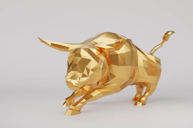 Beyaz arka planda altın rengi polyester boğa. Boğa pazarı, karlı yatırım ve yükselen hisse senedi fiyatları kavramının yansıması