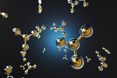 Altın moleküller şeffaf bir kürede kapsüllenmiş siyah arka planda neon mavisi bir ışıkla süslenmiş. Bilimsel ve kimyasallarla ilgili konular için arka plan olarak 3B görüntüleme