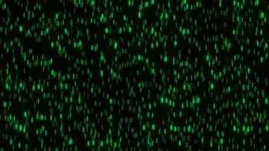 Siyah arkaplana yağan yeşil parlayan ikili değerler. Bilgisayar kodlaması ve dijital teknolojinin sonsuz döngü animasyonu olarak 3D görüntüleme