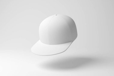 Tek renkli ve minimalizmde beyaz arka planda havada süzülen beyaz geri tepmeli şapka. Moda endüstrisi, giyim ve tekstil konsepti