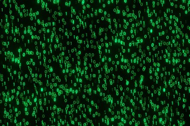 Siyah arkaplana yağan yeşil parlayan ikili değerler. Bilgisayar kodlama ve dijital teknoloji konsepti için illüstrasyon
