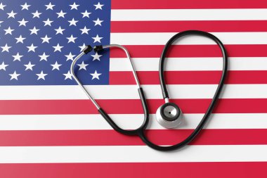 Amerikan bayrağında steteskop var. Amerikan sağlık politikaları ve sağlık hizmetleri kavramının çizimi