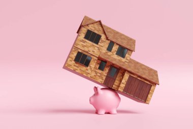 Pembe arka planda pembe bir kumbaranın arkasında garajı olan müstakil bir ev. Faiz oranının artması, ipotek kredisinin borç yükü ve artan yaşam maliyeti kavramının tasviri