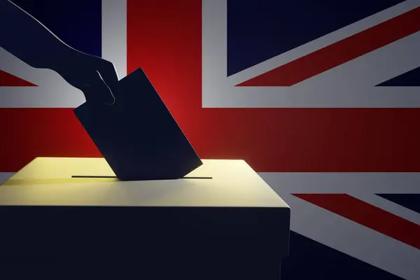 stock image Silhouette of a hand holding a vote putting in a ballot box in front of the national flag Union Jack of UK. Illustration of the concept of the United Kingdom general election
