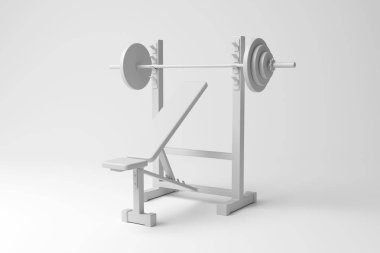 Monokrom ve minimalizmde beyaz arka plan üzerine beyaz bank baskısı. Spor salonları, antrenmanlar ve kardiyo egzersizleri konsepti.