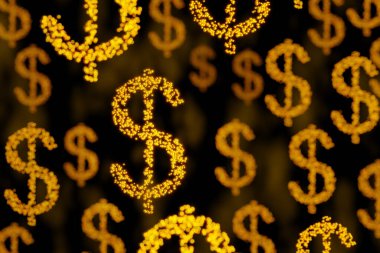 Bokeh efektli siyah arka planda rastgele dağılan altın topaklardan yapılmış dolar işaretleri. İllüstrasyon küresel mali ve ekonomik konular için bir arka plan