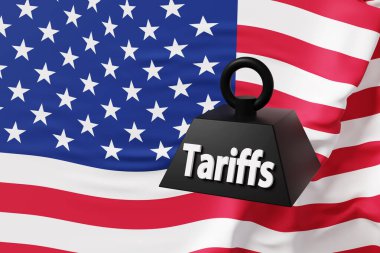 Amerikan bayrağının önünde 1 ton siyah ağırlık. ABD 'nin dayattığı küresel gümrük tarifeleri kavramının yansıması