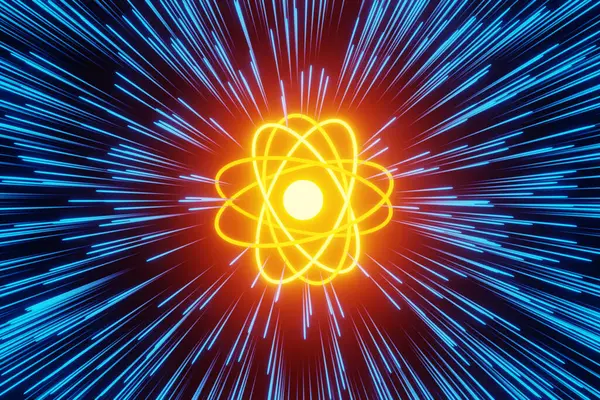 Çekirdek ve elektron yörüngeli turuncu parlayan atom siyah zemin üzerinde radyal mavi ışık ışınları yayıyor. Kuantum fiziği, qubit parçacıkları ve kimyasal reaksiyonların tasviri