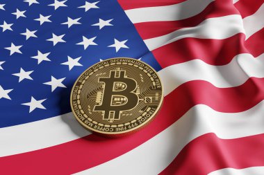 Birleşik Devletler bayrağında altın bitcoin. ABD stratejik bitcoin rezervi, kripto para politikaları, takas ve ticaret kavramının tasviri