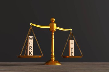 Oyuncak tahta bloklar, adaletin altın pullarının her iki yanına yerleştirilen Work ve Life kelimelerini ahşap bir masa üzerinde gösteriyor. İş hayatı yaşam tarzını dengeleme kavramının yansıması