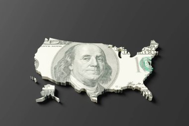 Amerika Birleşik Devletleri 'nin sınırlarını oluşturan 100 dolarlık banknot siyah arka planda. ABD işleri, konular, mali ve ekonomik haberler konsepti