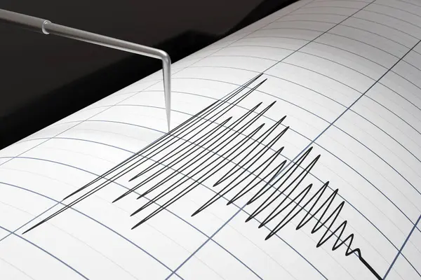 Bir deprem dedektörünün yazıcı başı salınıyor, grafik kağıdına yüksek frekanslı darbe eğrileri çiziyor. Titreme algılama konseptinin yansıması