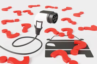 Beyaz arka planda siyah bir arabayla basılmış kırmızı soru işaretleriyle çevrili EV Charger. Elektrikli araçların kaygıları ve sorunları kavramının yansıması.