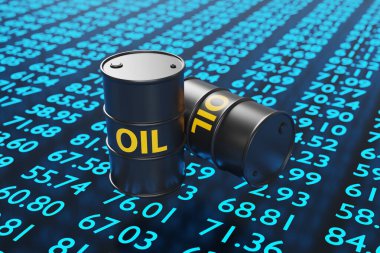 Siyah metal variller, arka planda sarı yağ kelimesiyle işaretlenmiş. Ham petrol fiyatlarının dalgalanması kavramının yansıması