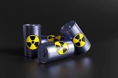 Siyah arka planda radyasyon uyarı etiketi olan gümüş pil. Teknoloji harikası nükleer bataryalar ve sonsuz enerji kaynağı kavramının yansıması.