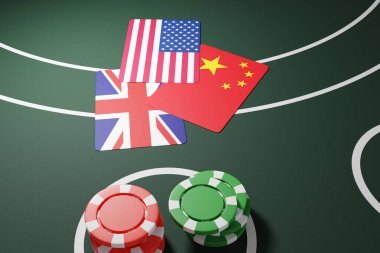Amerika, İngiltere ve Çin 'in bayrağını yeşil bir kumar masasında sırasıyla poker fişleri ile birlikte gösteren kartlar. Diplomatik ilişkilerinin resmedilmesi