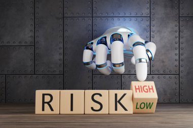 Beyaz robotik el, yüksek ve düşük riskli arasında seçim yapmak için tahta bir oyuncak bloğunu çeviriyor. Yatırım belirsizliği, finansal analiz ve fon derecelendirme kavramının yansıması
