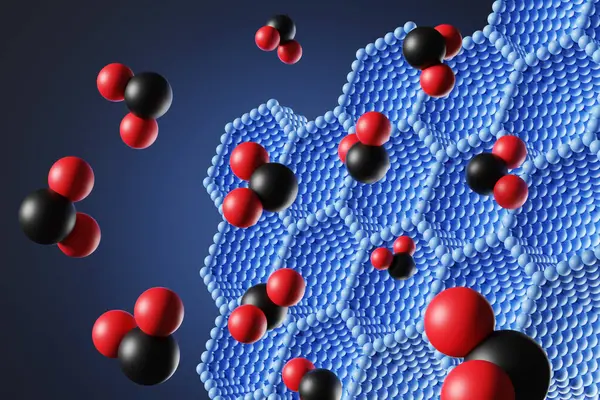 Siyah ve kırmızı moleküller mavi altıgen moleküler yapıya doğru hareket eden hidrojen benzeri bir yapıya sahipler. Kimya, kuantum fiziği ve uyuşturucu gelişimi kavramının gösterimi