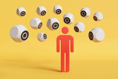 Birçok güvenlik kamerası sarı arka planda kırmızı bir kişinin sembolünü takip ediyor. Toplu gözetleme ve kişisel veri gizliliği ihlali kavramının yansıması