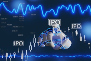 Beyaz robotik parmak bilgisayar ekranında halka arz etiketli bir şamdan tablosunu gösteriyor. Yapay zeka (AI) yatırım stratejileri ve halka arz kavramının gösterimi