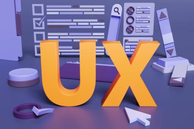 Mor renkli web kullanıcı arayüzü (UI) bileşenleri arasına yerleştirilmiş turuncu metin UX. İniş sayfası tasarımının kullanıcı deneyimi konsepti