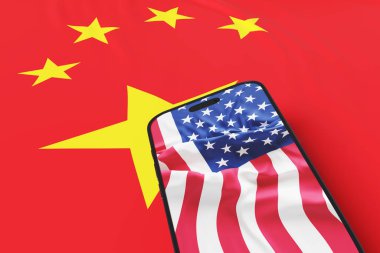 Akıllı telefon, Çin bayrağının üzerinde Amerika Birleşik Devletleri bayrağını gösteriyor. ABD ve Çin arasındaki mobil uygulamaların ulusal güvenlik kaygılarının yansıması