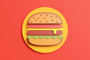 Kırmızı arka planda renkli kağıt kesimi. Fast food dağıtım endüstrisi, abur cubur ve yemek servisi konsepti