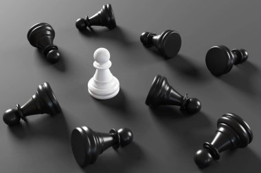 Düşen siyah piyonların arasında beyaz bir satranç piyonu duruyor. Şampiyonluk konsepti, kazanan, lider ve zafer.