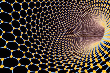 Mavi ağ teli, siyah arka planda bir tünel oluşturan kavşaklardaki altıgen desenlere bağlı. Bilimsel, fiziksel ve kimyasal konular için arka plan olarak illüstrasyon