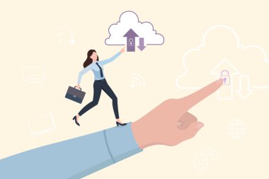 İş kadını, bulut bilgisayar ikonu ağına dokundu. Bulut teknolojisi, veri depolama ve yedekleme, Bulut veri koruması, sunucularla internet iletişimi, dijital bulut