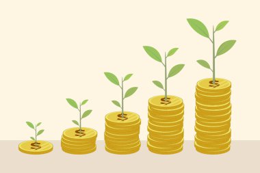 Finansal ve yatırım artışı, para artıran konsept, Amerikan Doları Yığını, iş vektörü illüstrasyonu.