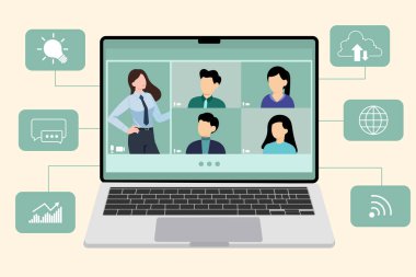 İş kadınları video konferansında konuşuyor, insanlar iletişim kuruyor, telekonferans, uzaktan çalışma, evden çalışma, vektör illüstrasyonu ile çevrimiçi öğreniyor veya buluşuyorlar.