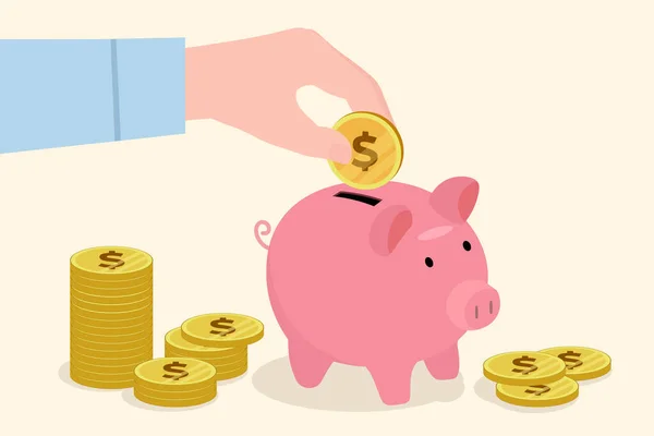 İşadamlarının elleri yatırım, Piggy Bank ve Coins, Investment, Savings, vektör illüstrasyonu için bozuk para kullanıyor.